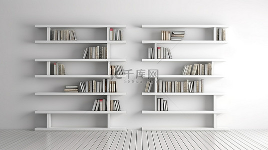 室内书架样机 3D 渲染，配有空白的白色搁架单元