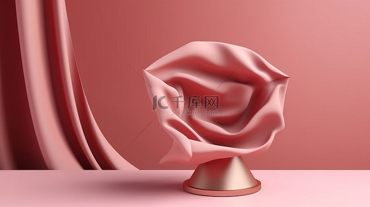动态流动的布料围绕着古董玫瑰底座，用于令人惊叹的化妆品展示 3D 渲染