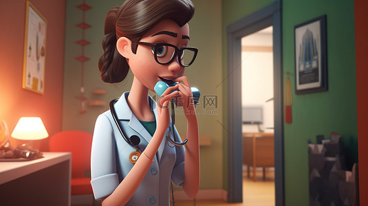 医生医院卡通背景图片_一位女医生在医院内部 3D 卡通渲染中处理医疗紧急呼叫
