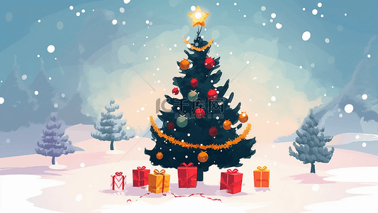 插画白色圣诞树背景图片_圣诞节礼物唯美白色