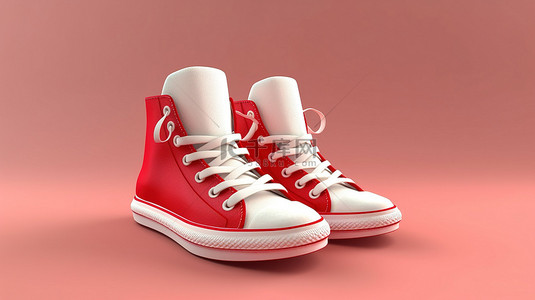 时尚健身背景图片_充满活力的男女通用高帮运动鞋，采用红色和白色帆布制成，带有高底 3D 渲染