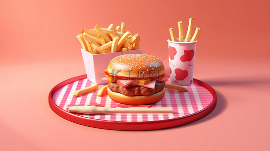 包子手绘背景图片_带有汉堡包和炸薯条的盘子的粉红色 3D 渲染，并附有剪贴板