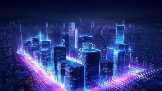 明亮的灯光现代摩天大楼对商业和技术的未来主义看法 3D 渲染