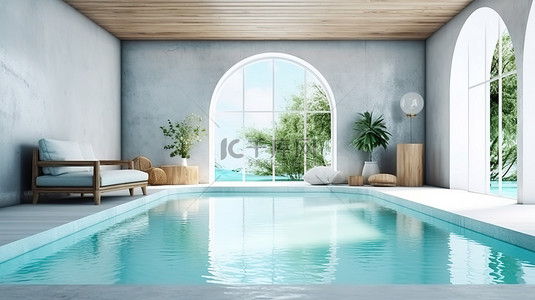 游泳池连接休闲空间的 3D 渲染