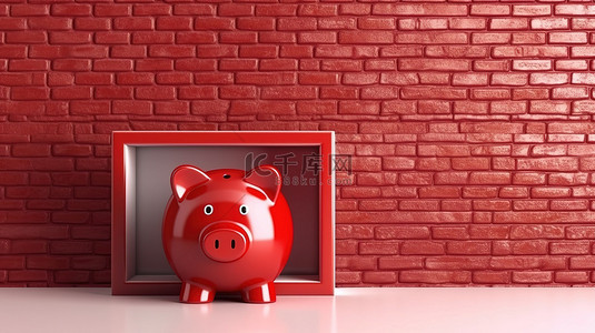关闭红色存钱罐钱盒的 3D 渲染，空白框架靠在砖墙上
