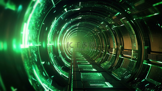 科幻设计背景图片_发光 4k 超高清空间隧道设计以绿色 3D 插图照明