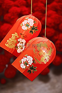 有中文文字和花的红纸灯笼