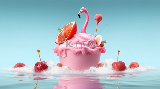 夏日氛围 3D 插图，火烈鸟漂浮在融化的草莓冰淇淋的海洋上，带有复制空间