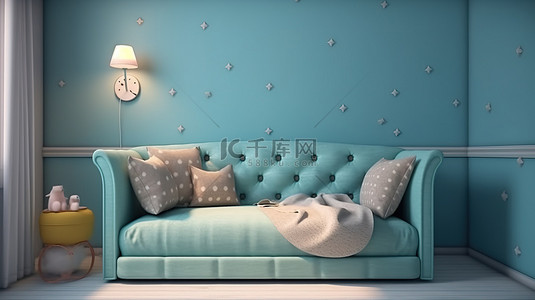 孩子和母亲背景图片_迷人的儿童卧室配有柔软的蓝色毯子和附近的沙发 3D 渲染