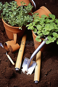 准备开抢背景图片_园林工具 工具和花盆都用于准备种植土壤