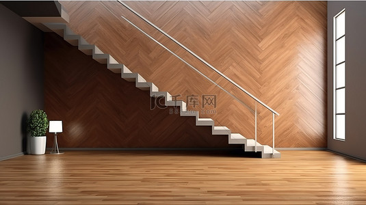 室内走廊木楼梯墙的 3D 渲染