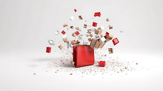 礼品纸袋背景图片_纸袋的 3D 渲染，纸袋捕获一张礼品卡，上面装饰着红色丝带和白色背景上的蝴蝶结