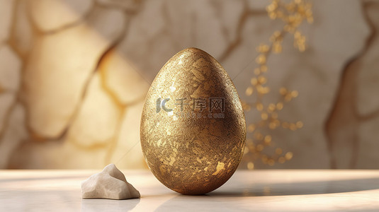金色质感的复活节彩蛋对米色墙壁令人惊叹的 3D 渲染四月春季假期卡