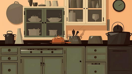 厨房绿色柜子碗碟卡通