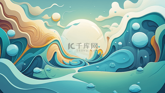 水珠插画背景图片_水蓝色水珠波浪卡通背景