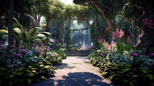 郁郁葱葱迷人的花园的 3D 渲染，花园里有高耸的树木和充满活力的花朵
