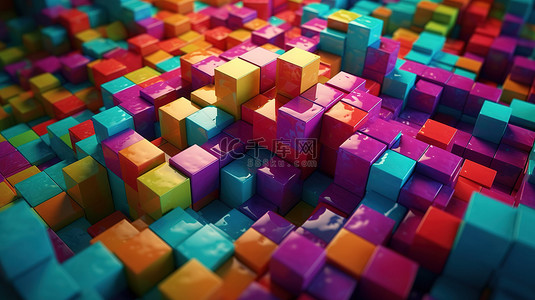 创意商几何背景背景图片_充满活力的几何背景与彩色立方体在特写 3D 渲染
