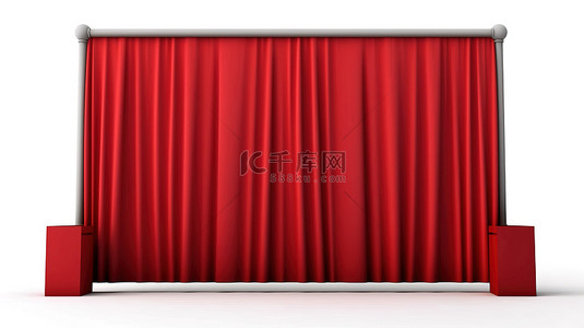 带有开放式红色窗帘电影屏幕的白色背景的 3D 渲染