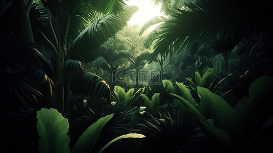 鱼缸南美风背景图片_郁郁葱葱的南美丛林 3D 渲染棕榈树和绿色植物叶子
