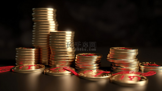 红色上箭头背景图片_按降序排列的俄罗斯卢布硬币上堆叠的红色下降箭头的 3D 渲染