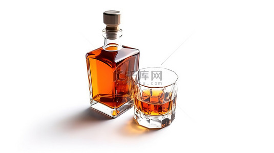 白色背景 3d 渲染上未标记的威士忌瓶和玻璃