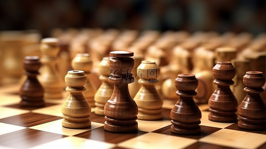 木制国际象棋棋具和商人手杖的 3D 可视化，用于企业战略