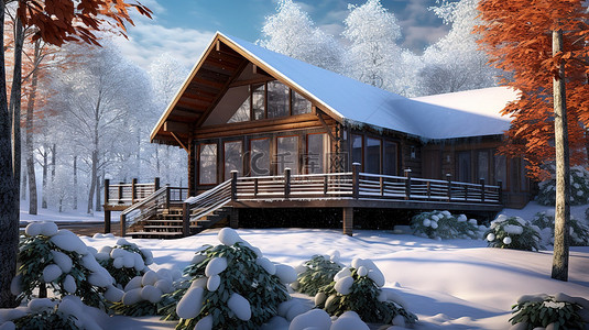 冬季风化小屋正面的 3D 渲染描绘
