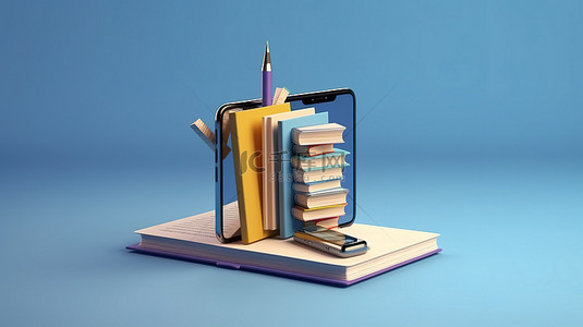 基于移动的学习插图，在蓝墙上的书本上使用手机使用铅笔