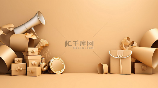 大礼品盒背景图片_金色扩音器销售引人注目的 3D 设计，礼品盒和广告牌上竖起大拇指