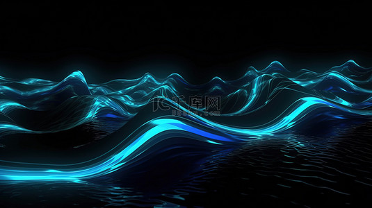 黑色和蓝色背景上的抽象波浪图案发光棒 3d 渲染