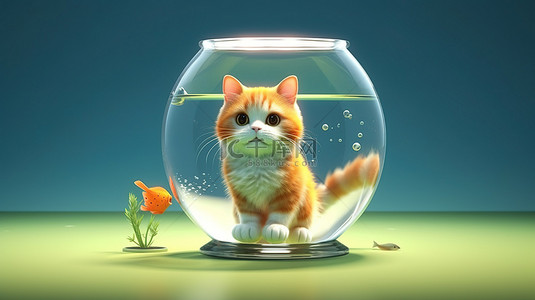 猫橘猫背景图片_猫盯着鱼的 3D 插图