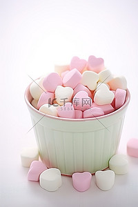白色一碗甜棉花糖，上面有一颗粉红色的心