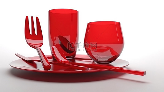 餐盘饭背景图片_白色背景上的盘叉勺和玻璃的单色平面实心红色 3d 图标