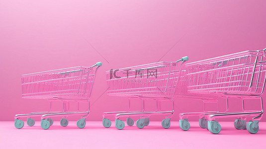 3d 渲染蓝色背景与粉红色购物车