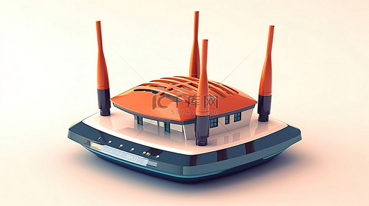 现代家庭 WiFi 插图，展示了一座拥有先进无线网络的房屋，在使用 3D 技术创建的白色背景下展示