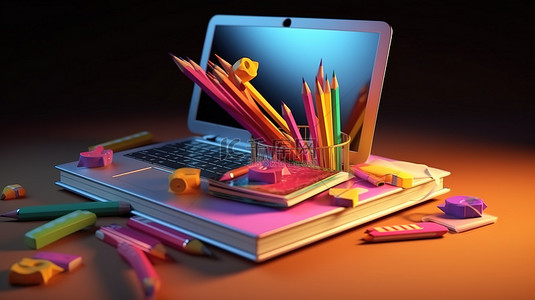 具有在线教育必需品的笔记本电脑的 3D 插图