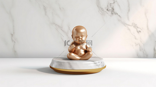 设计表格模板背景图片_青铜婴儿符号栖息在白色大理石讲台上，非常适合网站社交媒体演示设计模板 3D 渲染