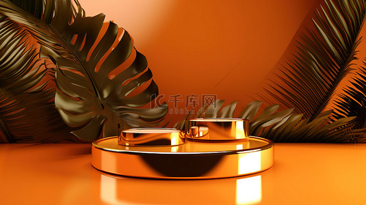辐射讲台设置在充满活力的热带橙色背景 3D 渲染的产品植入