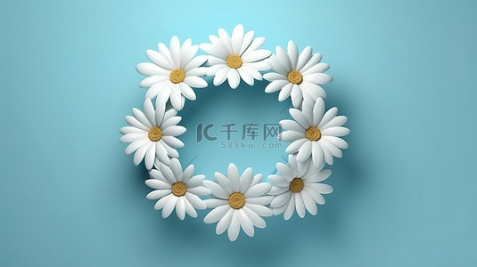 圆形渐变蓝色背景标题框架中白色雏菊的 3D 渲染