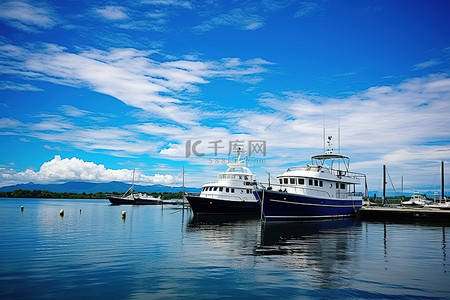 三艘船停泊在港口的蓝天下