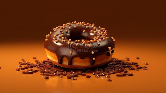 吃蛋糕吃蛋糕背景图片_巧克力甜甜圈，带有详细的巧克力配料，特写显示在丰富的棕色背景 3d 渲染上