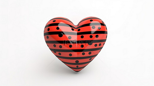 红心的独立 3D 抽象插图，具有斑点纹理和具有黑点的对角条纹