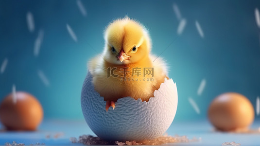 从鸡蛋中出现的新孵化的复活节鸡的 3D 渲染