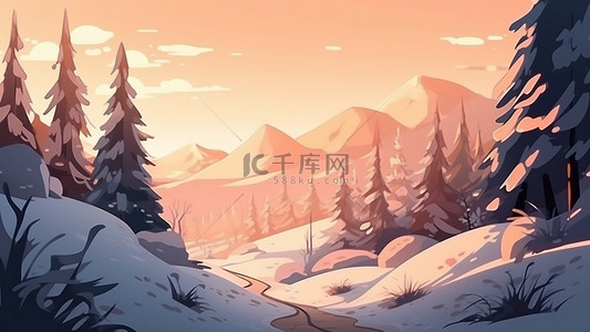 卡通美丽背景图片_夕阳雪山雪松美丽背景