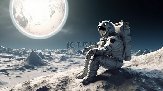 月球背景图片_宇航员栖息在月球表面的 3d 渲染