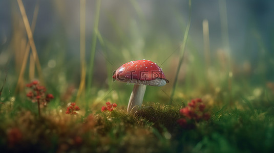雾霾田野上红色蘑菇的 3d 渲染