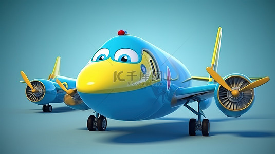 我爱祖国卡通背景图片_3D 渲染的卡通飞机，带有交互式“联系我们”横幅