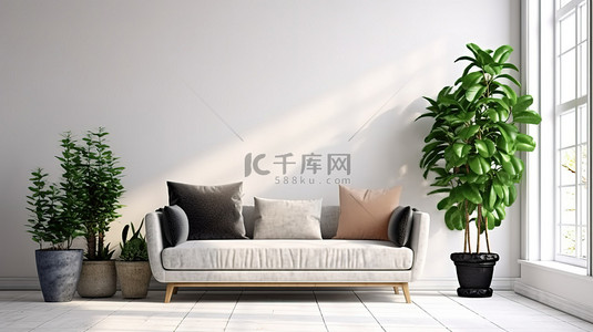 舒缓的客厅氛围沙发植物和空白白墙 3D 渲染上的格子