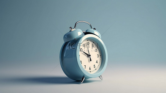 蓝色复古闹钟的简约 3D 渲染，时间指针位于 8 点钟位置，白色背景创意概念