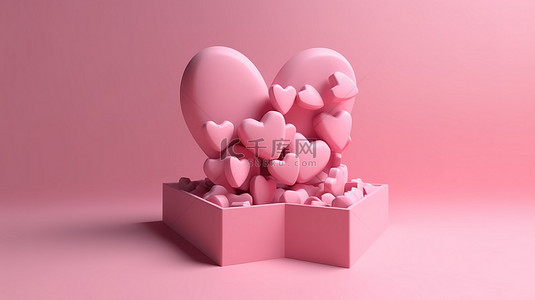3D 渲染中带有爱情文本框和社交媒体图标的粉红色心形图标的水平视图